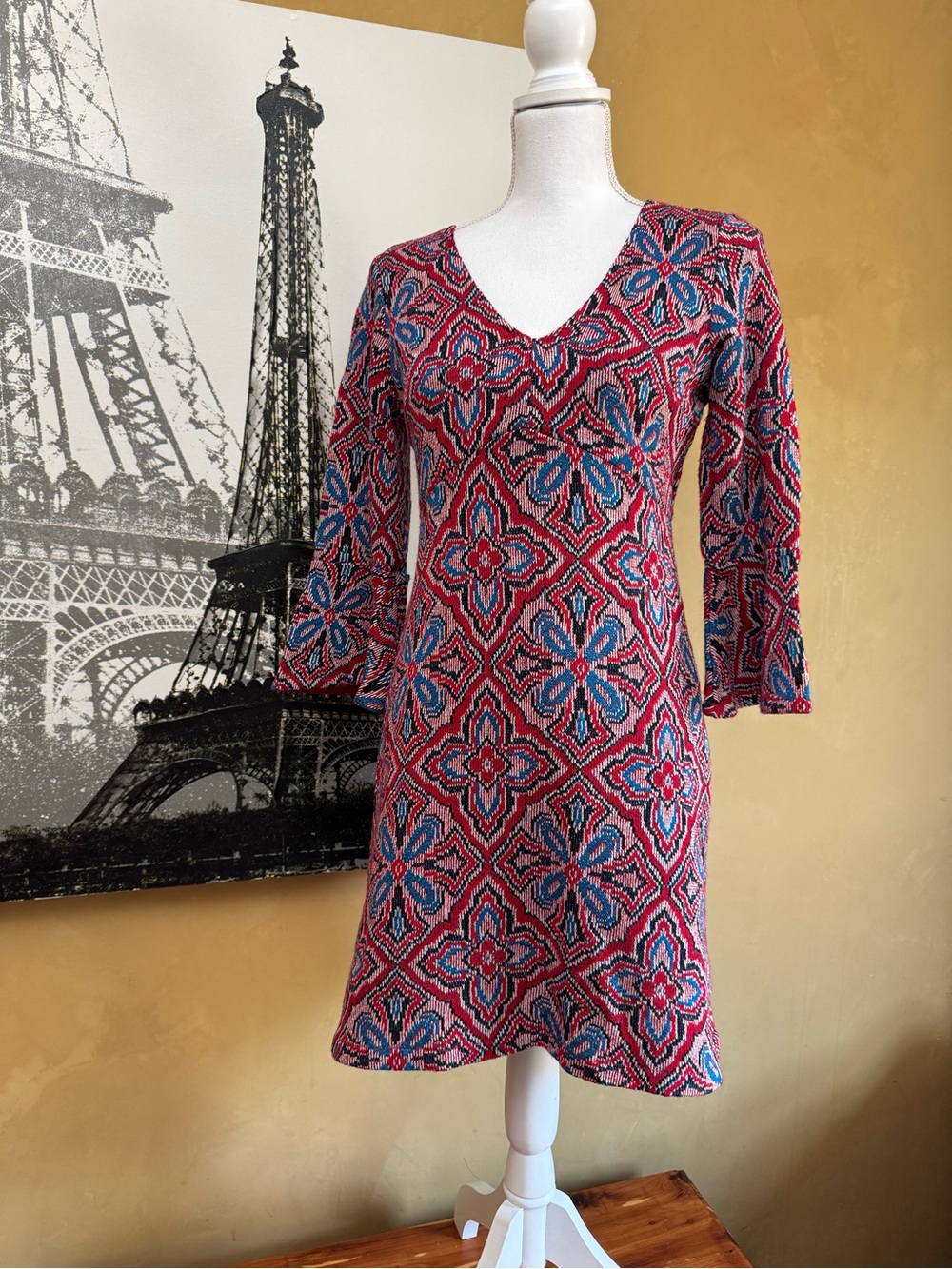 Maeve Anthropologie Red & Turquoise Geometric V-Neck Long Sleeve Dress